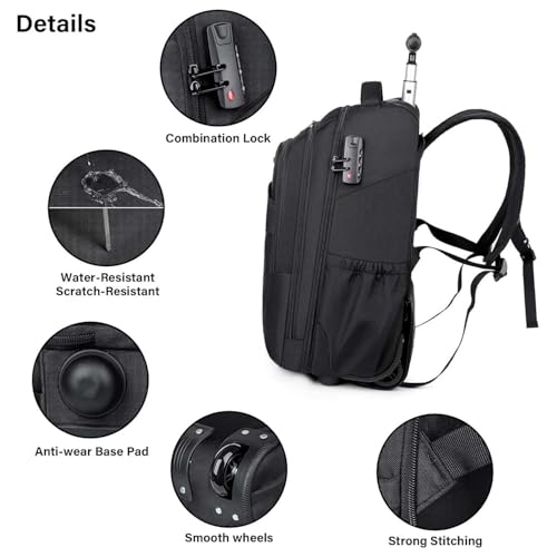 Rolling Backpack, 17 inch Laptop Backpack with Wheels Combination Lock, Carry on Luggage Business Bag, Travel Roller Backpack