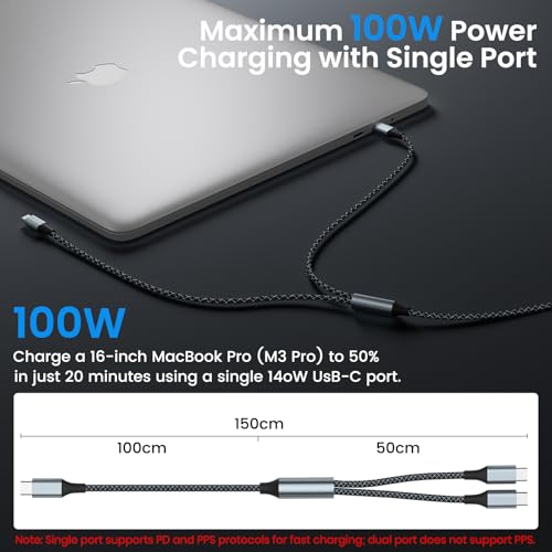 2 in 1 USB C to Dual USB C Charging & Data Cable 5FT 100W Max, 2 in 1 USB C Fast Charging Data Cable for iPhone 17/17Pro Max/16/15 Series, MacBook Air/Pro, iPad, Laptops, Samsung Galaxy Series