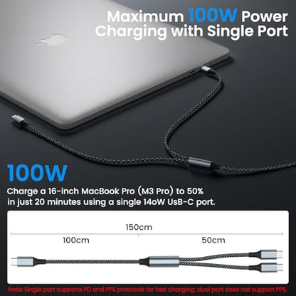 2 in 1 USB C to Dual USB C Charging & Data Cable 5FT 100W Max, 2 in 1 USB C Fast Charging Data Cable for iPhone 17/17Pro Max/16/15 Series, MacBook Air/Pro, iPad, Laptops, Samsung Galaxy Series