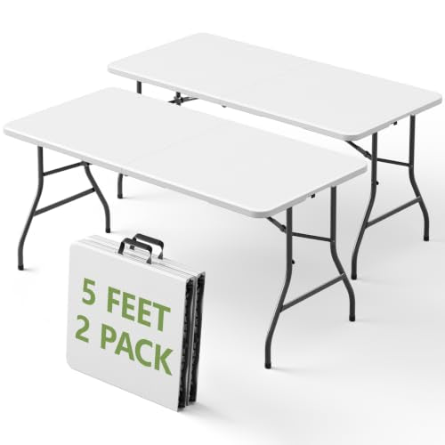 5FT Folding Table 2 Pack,Heavy Duty Plastic Foldable Tables with Carry Handles,Fold-in-Half Portable Utility Tables with Steel Legs for Party,Wedding,Banquet,Camping,Picnic,Event,Indoor Outdoor,White - color: White, size: 5FT-2pack