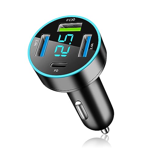 4 Ports Fast Car Charger,[Upgrade Voltmeter Display] PD+QC3.0 Car Charger Adapter for 12-24V Cigarette Lighter Plug,Phone Charger Compatible with iPhone/Android/Samsung/iPad(QC3.0+PD+2.4A+2.4A) - color: QC3.0+PD+2.4A+2.4A