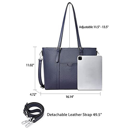 BOSTANTEN Genuine Leather Laptop Bag for Women 15.6'' Briefcase Tote Bags | Laptop Compartment, Structured, Professional, Detachable & Adjustable Shoulder Strap, Metal Feet, Work, Office, Business - color: J-cross Pattern Blue