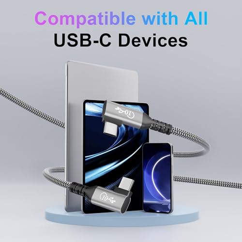 10FT USB C Cable 90 Degree, USB C 3.1 Gen 2 Cable, 4K Monitor Video Output, 10Gbps High Speed Data Transfer, 100W Fast Charging, Compatible with iPhone 17, MacBook, Dell XPS, CarPlay, Portable Monitor - size: 10FT