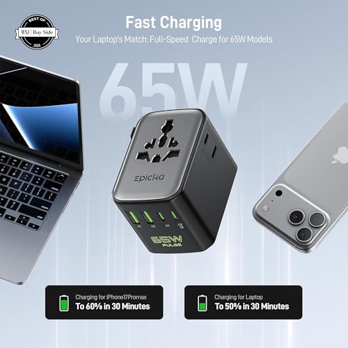 Epicka Pulse Duo 65W Universal Travel Adapter PD/QC 3.0, 2AC/2USB-C/2USB-A | International Power Adapter for EU/US/UK/AU, Fast-Charging for Multi-Device Use, Black - style: Pulse Duo 65W Black