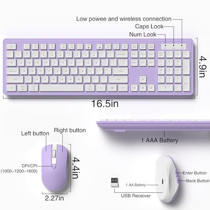 MPTOG Wireless Keyboard and Mouse Combo, Full-Size 104-Key Office Keyboard with 15 Function Keys, Numeric Keypad, Single USB Receiver, Compatible with PC and Laptop(Purple White) - color: Purple White