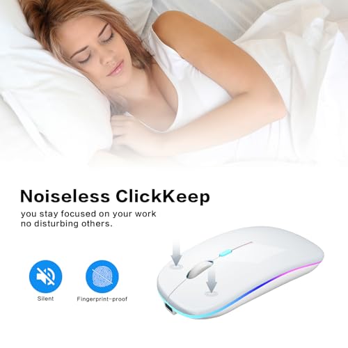 AIKOKOK Wireless Bluetooth Mouse, Rechargeable, Dual Mode Bluetooth 5.2 & 2.4G USB, LED Lights, Slim, Silent, Portable Computer Mouse for Laptop, PC, MacBook, iPad, Tablet (Silver) - color: Silver