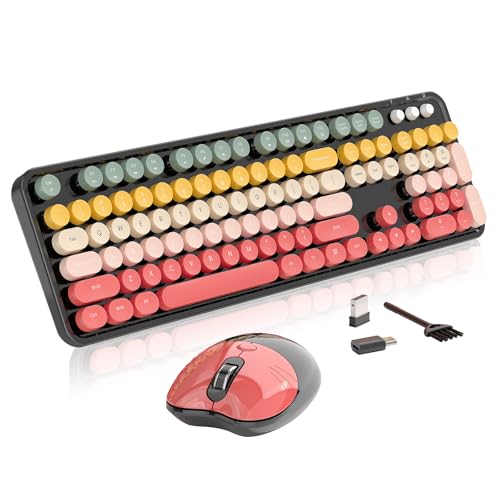 Wireless Keyboard and Mouse, MOFII 104 Round Keycaps Retro Typewriter with OTG & Brush, Full-Size Ergonomic, Ideal for Windows PC, Home, Office and College Rainbow Red - color: Rainbow Red