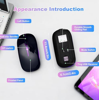 Wireless Bluetooth Mouse Rechargeable Long Lasting Dual Mode - BT 5.2 & 2.4G Silent RGB LED Mice, Slim Portable Ergonomic Mouse for Laptop/PC/Tablet/MacBook/iPad/Apple Devices(Black) - color: Black