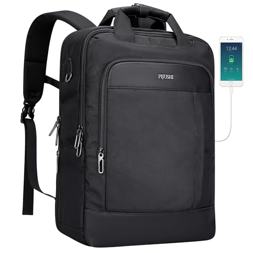PIJUSHI Travel Backpack for Women Men, Slim Laptop Daypack Fits Under Seat | 3-In-1 Carry on Bag with TSA-Friendly 180° Opening, USB Port, Fits 16" Laptop for Business, Work, Daily - color: Black