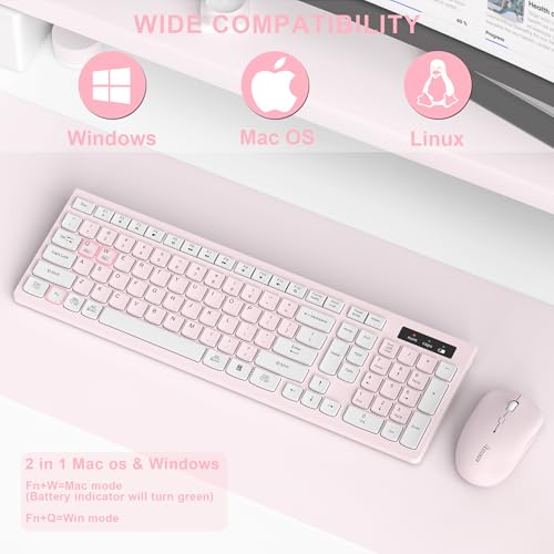 Wireless Keyboard and Mouse Combo, Reccazr 2.4G Full-Sized Keyboard and Mouse Cordless, 3 DPI Adjustable Mouse, Dual-System Keyboard for Computer/Laptop/Windows/Mac (Pink & White) | Silent 2.4G Full Size Cordless Keyboard with Tilt Legs,3-Level DPI Quiet