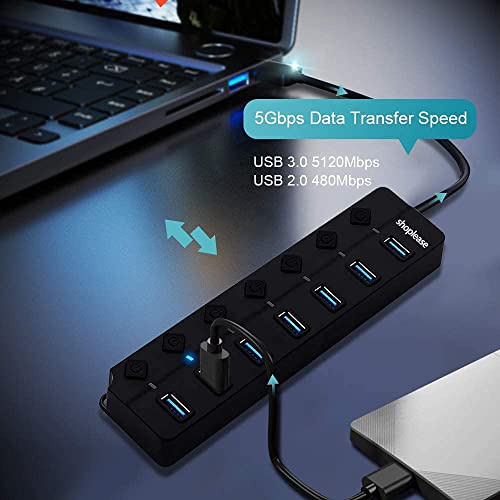 USB 3.0 Splitter with 5V/2A Power Adapter, 7-Port USB 3.0 Hub with Individual Power Switches and Lights, Portable Expansion Data Hub with 120cm Cable for Windows, Vista, XP, Linux, Mac OS X