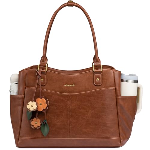 LOVEVOOK Laptop Bag for Women, Vintage Work Tote, Teacher Bag with Pendant | Fits 15.6 Inch Laptop, Magnetic Front Pockets, fits for Large Bottle Pockets, Flower Pendant, Fashion Work Purse - color: Brown, size: 17.3 inch-lunch compartment