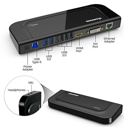Diamond Multimedia Dual Video Output, USB 3.0/2.0 Universal Docking Station with Gigabit Ethernet, HDMI, DVI, Audio for Windows 11, MacOS and Android 5.0+. Display Link Certified DL-3900 Chip