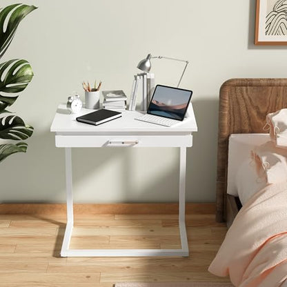 C Shaped End Table,Small Couch Side Table with Drawer,for Living Room, Bedroom Magazines, Computers, Coffee, Small Objects Storage.White - color: White