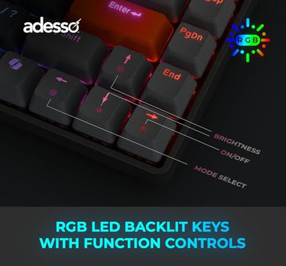 Adesso EasyTouch 1000 Wired/Wireless/Bluetooth Multi-OS Illuminated Mechanical VIA Mini Keyboard with Copilot Ai Hotkey
