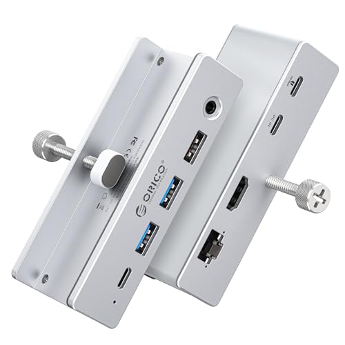 ORICO Clip Docking Station, 8-in-1 Clamp USB C Hub with 4K@60Hz HDMI, 100W PD, Gigabit Ethernet, 4xUSB Port, AUX, 10Gbps Clamp Docking Station for Laptop, MacBook, PC (Adapter Not Included) - color: Silver