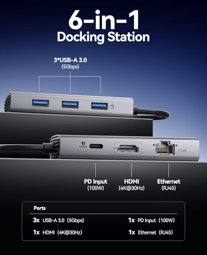 ORICO USB C Docking Station, 6-in-1 Laptop Docking Station with HDMI 4K@30Hz, 1000Mbps Ethernet, 100W PD, 3xUSB-A 3.0, USB C Dock Compatible with MackBook/Dell XPS/HP/Surface - size: 6-in-1, style: PW11-6PR