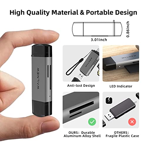 WALNEW SD Card Reader, USB 3.0 & USB-C SD/TF Memory Card Adapter | Supports UHS-I SD/SDHC/SDXC/MicroSD, Compatible with MacBook, PC, iPad, iPhone 15, Samsung Galaxy Android - color: Gray