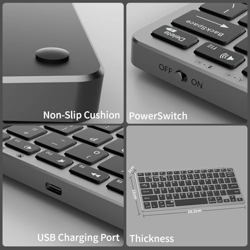kenke Wireless Keyboard 2.4GHz / Bluetooth 1.0/2.0, 78 Key, Silvery Black | Low Profile & Lightweight, Long Battery Life, for Computer, Laptop, PC, Chromebook, Windows, USB C Rechargeable, Quiet Typing