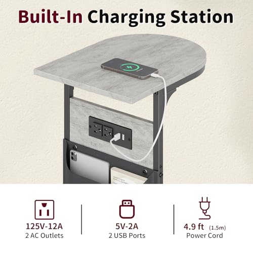 C Shaped End Table with Charging Station, Small Side Table for Couch, C Table Slides Under Sofa with Storage Bag, TV Tray Table for Recliner, Living Room, Bedside, Bedroom, Small Spaces, Greige - color: Charging Station Greige