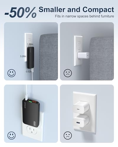 65W GaN USB C Wall Charger Block,3 Port Ultra Thin Flat USB-C Charging Plug,Foldable USB Power Adapter for MacBook,iPhone 15/16,Samsung (Black) - color: Black