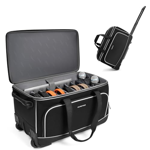 AUROTIER Large Rolling DJ Cable Bag with Wheels, Reinforced Padded Gig Bag with 8 Detachable Divider, Multi-Pocket for 17" Laptop, Microphone, Cord, Headset & Music Accessories