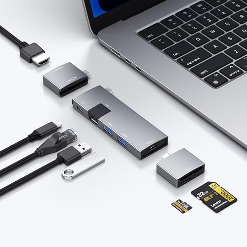 USB C Hub for MacBook, USB-C Hub 7-in-2, for Thunderbolt 4 Port, 4K 60Hz HDMI, Ethernet, 2 USB A Data Ports microSD SD Card Reader for MacBook Pro 13 Inch, MacBook Air M1 M2 M3 iPad Dell Lenovo