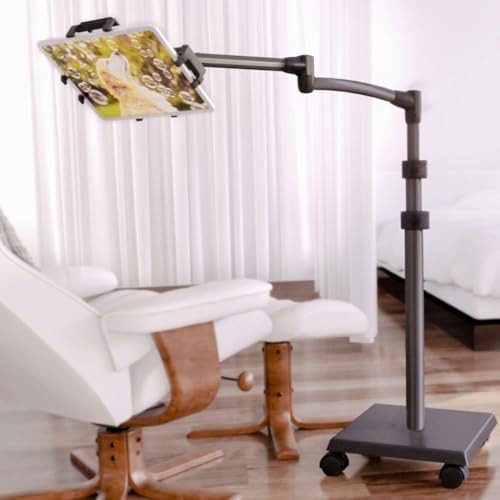 Levo G2 Deluxe Tablet Floor Stand, Rolling iPad Holder for Work & Streaming | Premium 5-axis arm reaches over chairs and beds, extra-tall 30-56 in height, locking casters, hands-free reading and play