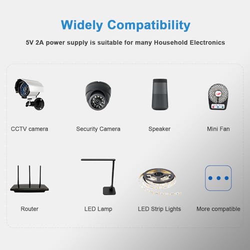 5V 2A Power Supply Adapter 5V 2A Power Supply 100V-240V AC Power Adapter Wall Charger for CCTV Cameras, Routers, Modems, Clocks, Printers, LED Lights, Cordless Phones, Set-Top Boxes