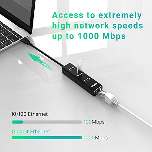 USB C to Ethernet Adapter 3-Port USB 3.0 Hub - 1000Mbps Gigabit RJ45 LAN Port, Driver-Free Aluminum Heat Dissipation for MacBook Pro/Dell XPS/Surface Laptop