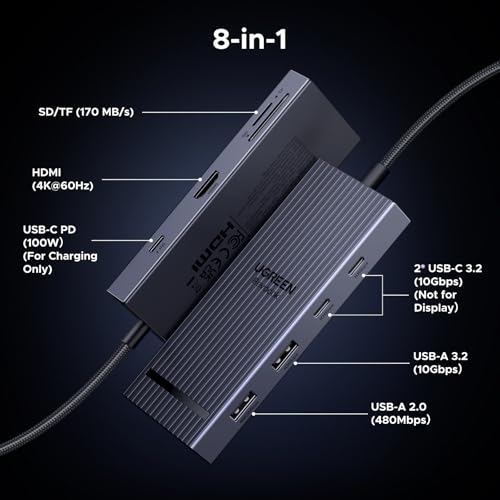 UGREEN Revodok Pro USB C Hub for Laptop 8 in 1 MacBook Docking Station 4K 60Hz HDMI, 100W PD Charging, USB-C & USB-A 10Gbps Data Ports, SD/TF Card Reader for MacBook Neo/Pro/Air, XPS, Thinkpad