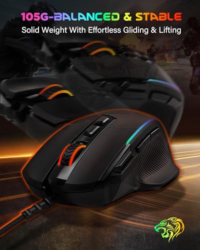 X49 Wired Computer Gaming Mouse,Rapid Fire Key,12K Sensor,Native 12400 DPI | 1ms Quick Response,20M Click Lifespan,105g Lightweight,RGB Backlit, 5.9Ft USB A Corded Gamer Mice, Ergonomic PC Maus,Black