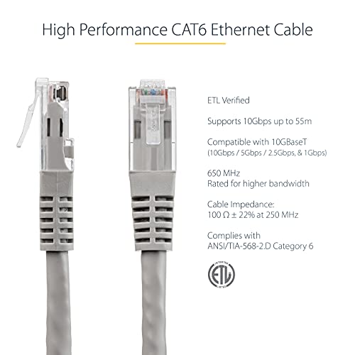 StarTech 3ft CAT6 Ethernet Cable - Gray CAT 6 Gigabit Ethernet Wire -250Mhz 100W PoE RJ45 UTP Molded Network Patch Cord with Strain Relief (C6PATCH3GR) | 250MHz bandwidth, Gold-plated RJ45, Patch Cable, Ethernet Cord, UTP Molded Network, Strain Relief, 10
