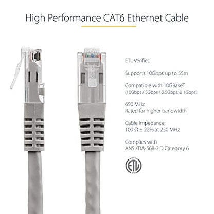 StarTech 3ft CAT6 Ethernet Cable - Gray CAT 6 Gigabit Ethernet Wire -250Mhz 100W PoE RJ45 UTP Molded Network Patch Cord with Strain Relief (C6PATCH3GR) | 250MHz bandwidth, Gold-plated RJ45, Patch Cable, Ethernet Cord, UTP Molded Network, Strain Relief, 10