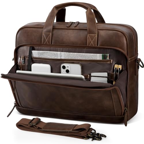 RAINSMORE Mens Laptop Bag 16 Inch Leather Briefcase Vintage Messenger Bag for Men Large Crossbody Shoulder Office Computer Bag Retro College Satchel Bag for Work, Business,Travel, Dark Brown - color: Dark Brown
