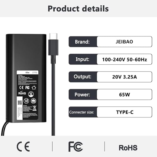JEIBAO 65W 45W USB-C Laptop Charger Compatible with Dell Latitude 5540 5530 5520 5420 5430 5440 5450 7530 7440 7430 7420 7340 7330 7320 XPS 13 9250 9350 9360 9365 9370 9380 9550 Adapter Power Cord - color: Black3