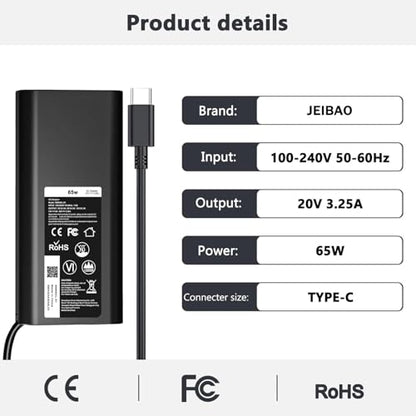 JEIBAO 65W 45W USB-C Laptop Charger Compatible with Dell Latitude 5540 5530 5520 5420 5430 5440 5450 7530 7440 7430 7420 7340 7330 7320 XPS 13 9250 9350 9360 9365 9370 9380 9550 Adapter Power Cord - color: Black3