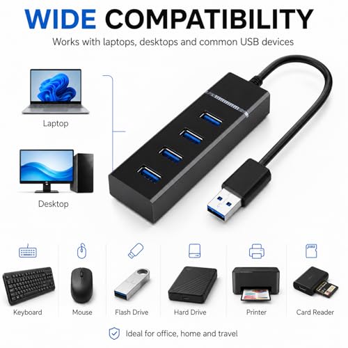USB 3.0 Hub 4 Ports with Type-C Power Input, High-Speed USB Splitter for Laptop, PC, Xbox, Flash Drive, HDD, Printer, Camera, Keyboard & Mouse – Data Transfer Only