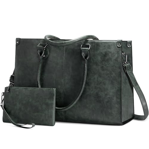 LOVEVOOK Laptop Tote Bag for Women, 15.6 Inch Professional Work Bag with Matching Clutch, Waterproof Vintage Leather Computer Tote for Office, Business Travel & Daily Use, Gift for Women - color: Dark Green, size: 15.6 inch