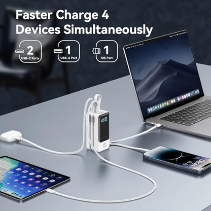 Fast Charging Power Bank 18400mAh 65W Portable Laptop Charger, LCD Display, Travel Essential Battery Pack with Built-in USB-C & Lightning Cables for iPhone 16/15/14/13/12 MacBook Samsung - color: White