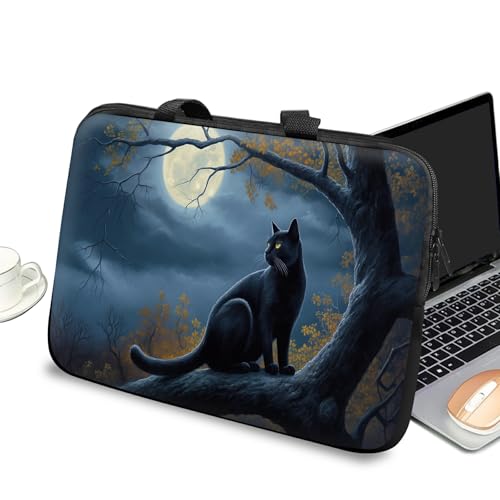 Universal Laptop Case Sleeve 10 inch with Handle and Zipper, Kids Tablet Carrying Case Messenger Bag Portable Tote Bag for 7-10 inch iPad/Notebook/eBook/Readers, Black Cat on Tree - color: Black Cat on Tree, size: 10 inch