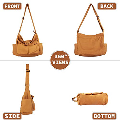 Canvas Messenger Bag Large Hobo Crossbody Bag with Multiple Pockets Casual Shoulder Tote Bag for Women and Men - color: Brown