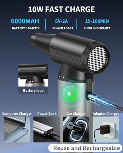 Compressed Air Duster, 2-in-1 Air Duster & Vacuum with 320000RPM Brushless Motor, Electric Air Duster Rechargeable, 3-Gear Adjustable Air Blower for Keyboard, Computer, Car, Home, Outdoor Cleaning