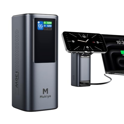 Mukiya 130W 20000mAh Power Bank with Retractable Cable & Stand | Mukiya power bank with built-in usb c cable, retractable phone stand, portable laptop charger, travel essentials