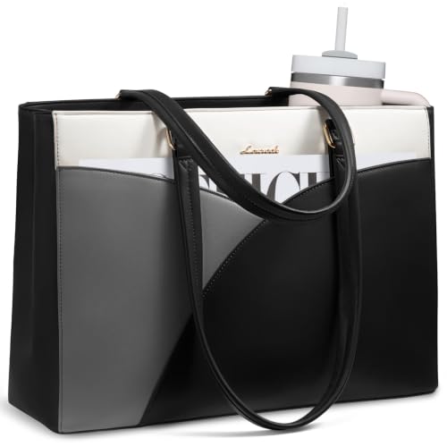 LOVEVOOK Laptop Bag for Women,17.3 Inch Work Teacher Bags Leather Tote Bag Briefcase Waterproof Computer Bag for Women，Black-white-gray - color: Black-white-gray, size: 17.3 Inch
