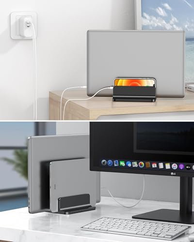 OMOTON Vertical Laptop Stand [Updated Double Version], Desktop Aluminum Mac Book Stand with Adjustable Dock Size, Fits All Mac Book, Surface, Chrome Book and Gaming Laptops (Up to 17.3 inch) (Black) - color: Black