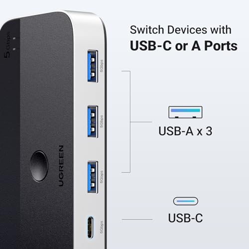 UGREEN USB 3.0 Switch 2 Computers Sharing USB C & A Devices, 4 Port USB Switcher Sharing Keyboard and Mouse, Printer/Scanner USB Switch Hub for Two Computers with 2 USB3.0 Cables and Remote - color: Silver
