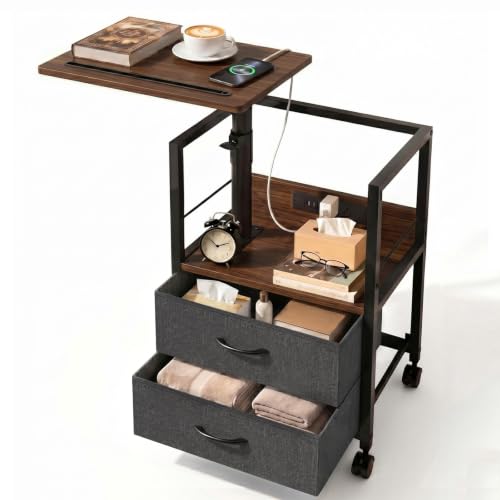 Faesun Swivel Lift Top Nightstand with Charging Station, Rolling Side Table for Recliner, Bedside Table with Wheels & 2 Fabric Drawers, for Small Spaces, for Bedroom, Living Room, Walnut Gray - color: 02 - Walnut Gray, size: 2 Drawers