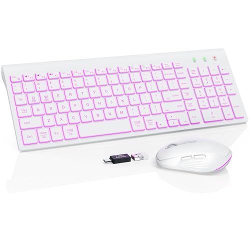 SABLUTE Wireless Keyboard and Mouse Combo, Compact Backlit Scissor Keys | Slim Design, Rechargeable, Quiet Typing, RGB Mouse, Auto Sleep, 2.4GHz USB Wireless, KM61PRO Portable Set for Windows & Mac - color: Polar White