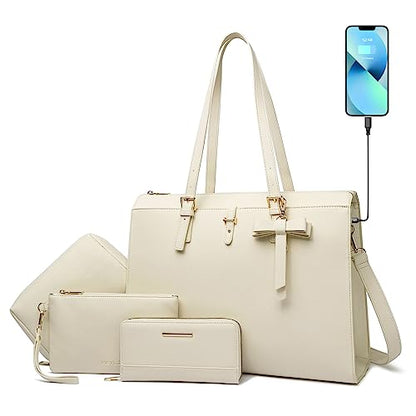 Keyli 4pc Sets Laptop Bag for Women Large Leather Laptop Briefcase with USB Charging Port Computer Shoulder tote Bags Purse - color: Khaki